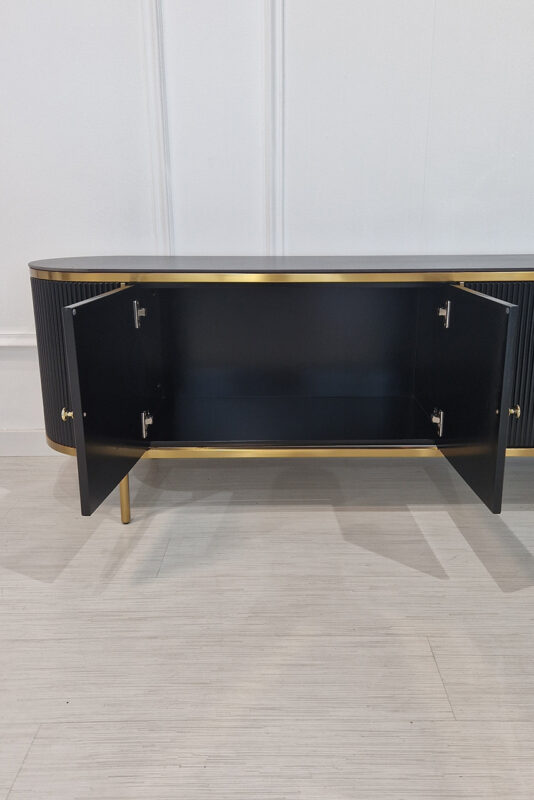 SZAFKA RTV czarno-złota, ryflowane wykończenie, blat ze spieku kamiennego, nowoczesna, glamour, do salonu SZAFKA RTV czarno-złota, ryflowane wykończenie, blat ze spieku kamiennego, nowoczesna, glamour, do salonu