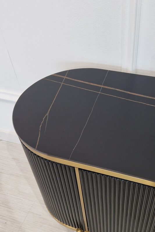 SZAFKA RTV czarno-złota, ryflowane wykończenie, blat ze spieku kamiennego, nowoczesna, glamour, wyjątkowa SZAFKA RTV czarno-złota, ryflowane wykończenie, blat ze spieku kamiennego, nowoczesna, glamour, wyjątkowa