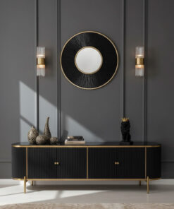 SZAFKA RTV czarno-złota, ryflowane wykończenie, blat ze spieku kamiennego, nowoczesny styl