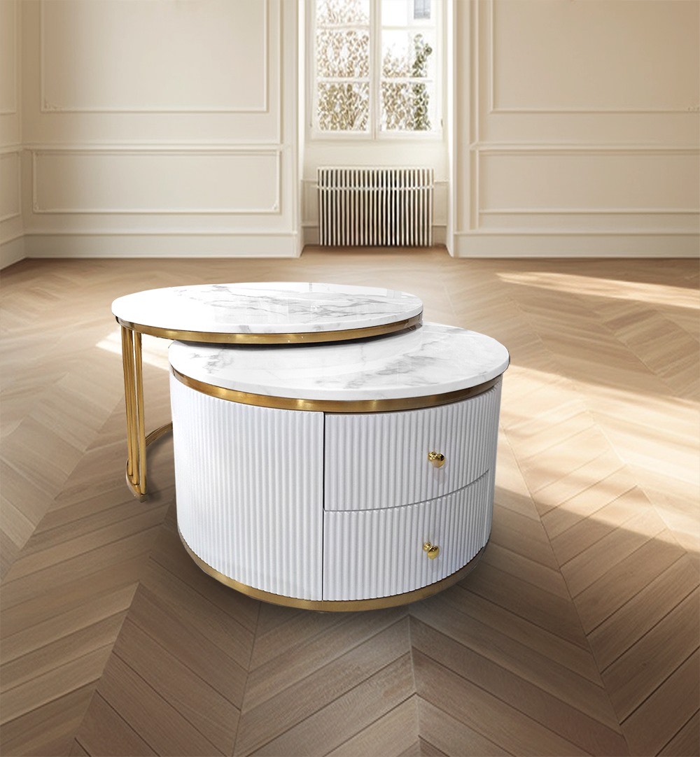 ZESTAW STOLIKÓW KAWOWYCH białych, stelaż ZŁOTY SZCZOTKOWANY, blat spiek kamienny, ryflowany mdf 1