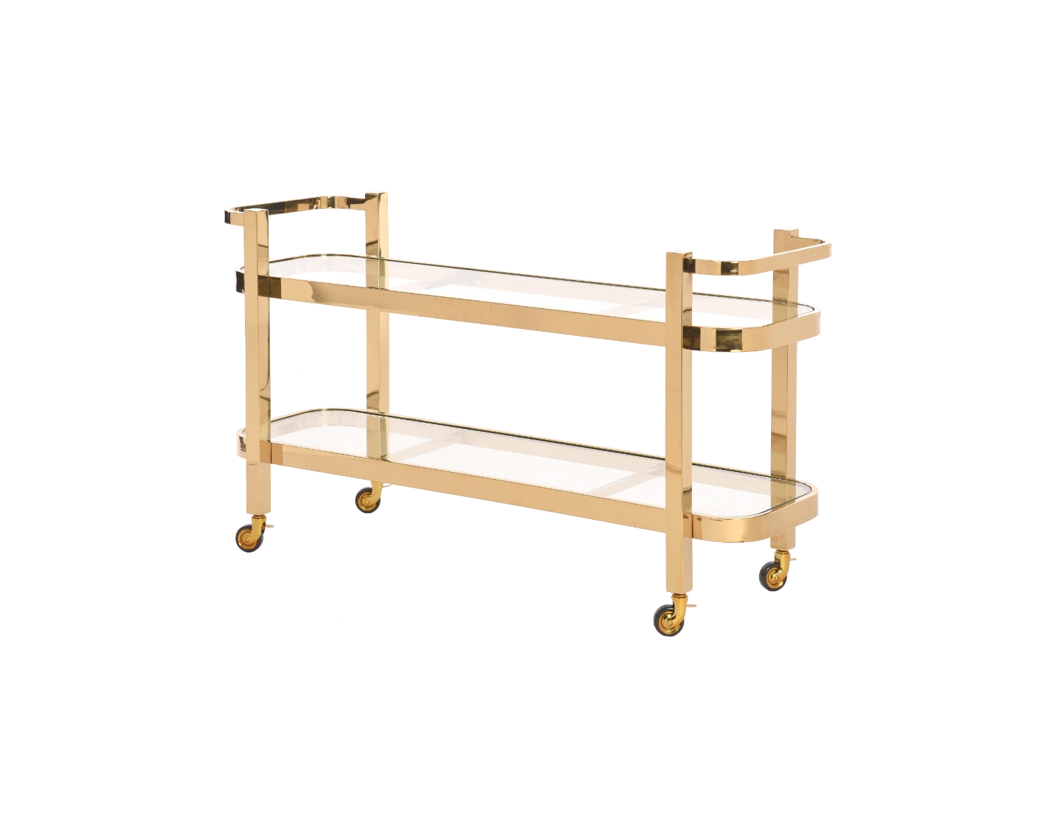 BAREK stolik pomocniczy na kółkach, dwupoziomowy, złoty metalowy stelaż, szklane blaty, glamour