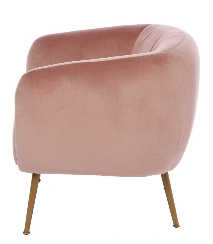 FOTEL o zaokrąglonym, miękkim oparciu z podłokietnikami, złote nóżki, różowy welur, styl pastel cocktail, designerski FOTEL o zaokrąglonym, miękkim oparciu z podłokietnikami, złote nóżki, różowy welur, styl pastel cocktail, designerski