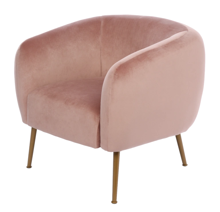 FOTEL o zaokrąglonym, miękkim oparciu z podłokietnikami, złote nóżki, różowy welur, styl pastel cocktail, nowoczesny FOTEL o zaokrąglonym, miękkim oparciu z podłokietnikami, złote nóżki, różowy welur, styl pastel cocktail, nowoczesny