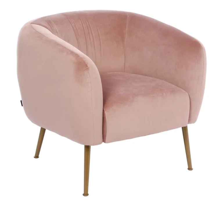 FOTEL o zaokrąglonym, miękkim oparciu z podłokietnikami, złote nóżki, różowy welur, styl pastel cocktail, wygodny FOTEL o zaokrąglonym, miękkim oparciu z podłokietnikami, złote nóżki, różowy welur, styl pastel cocktail, wygodny