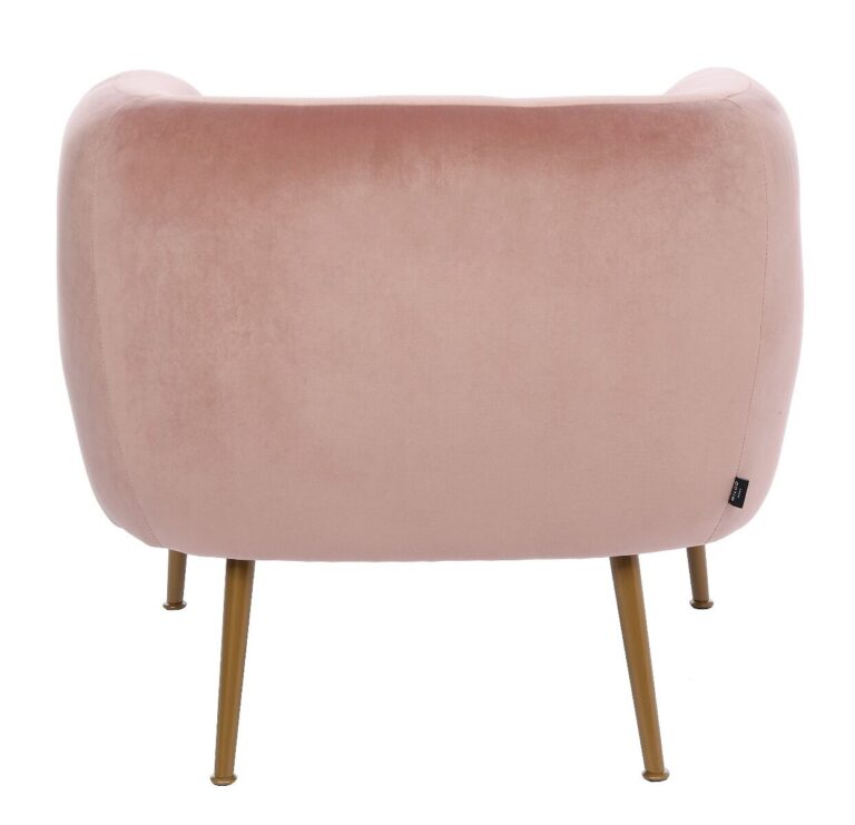 FOTEL o zaokrąglonym, miękkim oparciu z podłokietnikami, złote nóżki, różowy welur, styl pastel cocktail, wyrafinowany FOTEL o zaokrąglonym, miękkim oparciu z podłokietnikami, złote nóżki, różowy welur, styl pastel cocktail, wyrafinowany