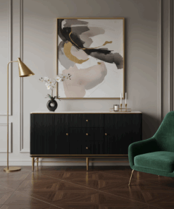 KOMODA na złotym stelażu, czarny ryflowany korpus, biały blat ze spieku kamiennego, nowoczesna