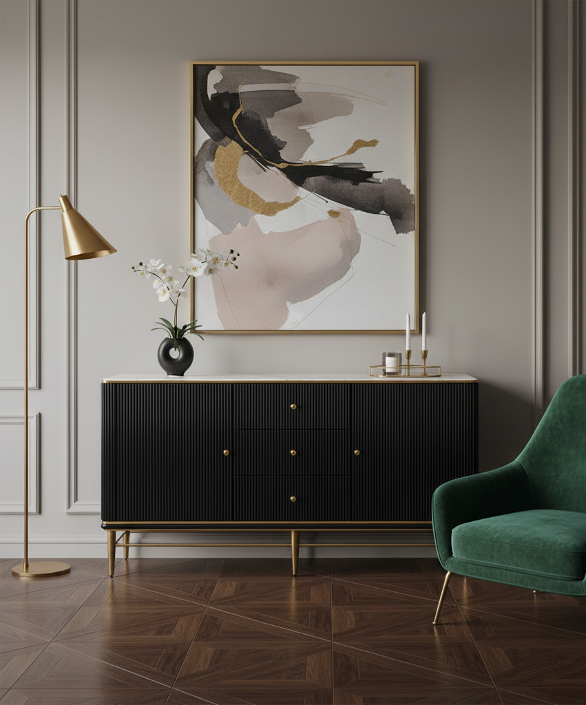 KOMODA na złotym stelażu, czarny ryflowany korpus, biały blat ze spieku kamiennego, nowoczesna KOMODA na złotym stelażu, czarny ryflowany korpus, biały blat ze spieku kamiennego, nowoczesna
