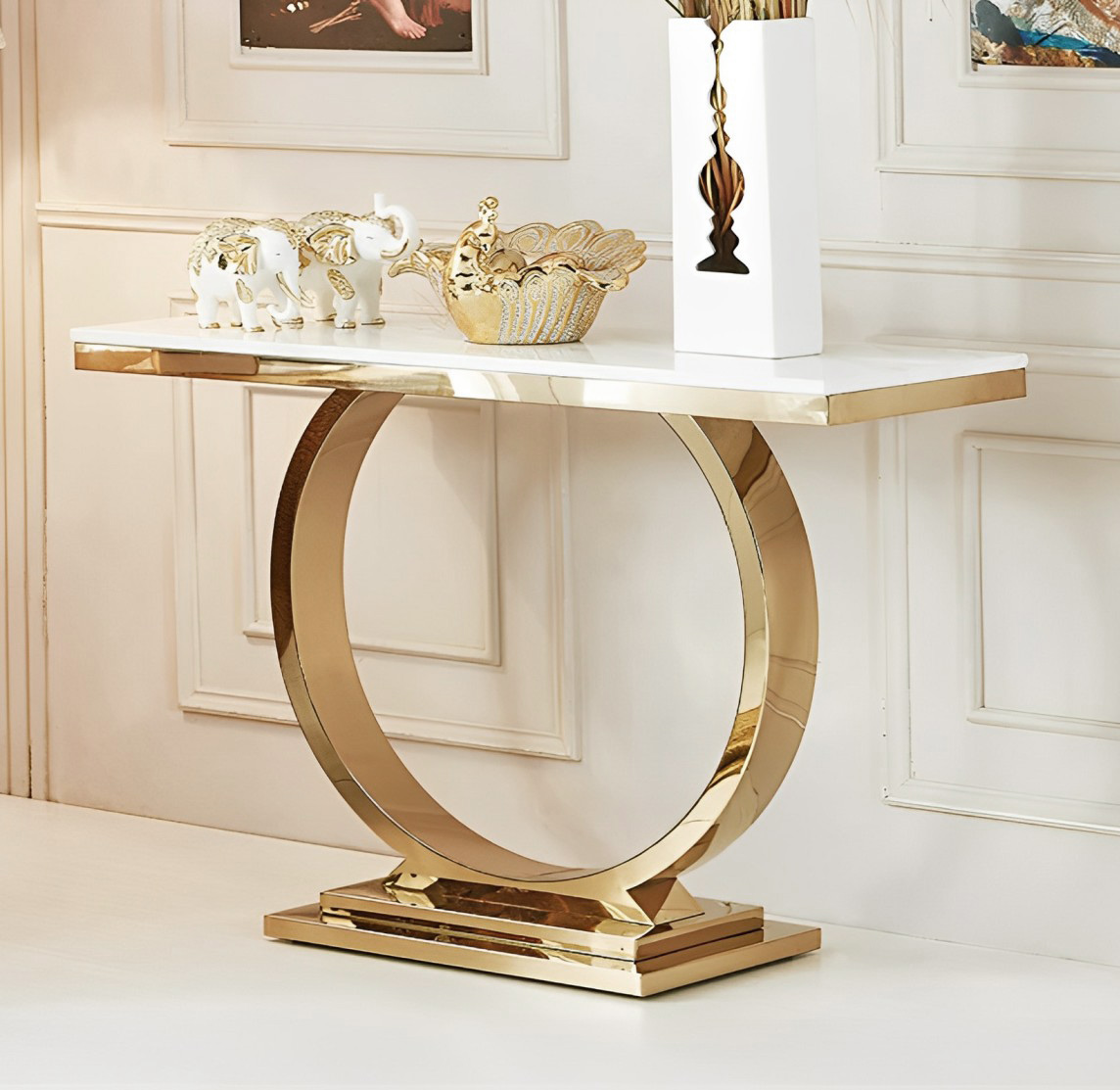 KONSOLA na złotej, dostojnej, okrągłej podstawie, wysoki połysk, blat ze spieku, glamour, biały blat KONSOLA na złotej, dostojnej, okrągłej podstawie, wysoki połysk, blat ze spieku, glamour, biały blat