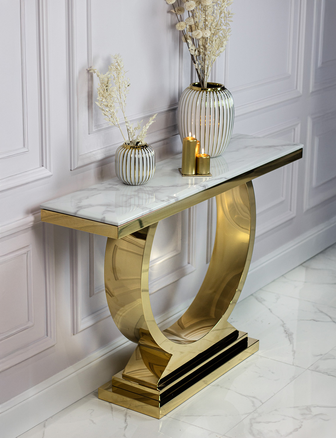 KONSOLA na złotej, dostojnej, owalnej podstawie, wysoki połysk, blat ze spieku, glamour KONSOLA na złotej, dostojnej, owalnej podstawie, wysoki połysk, blat ze spieku, glamour