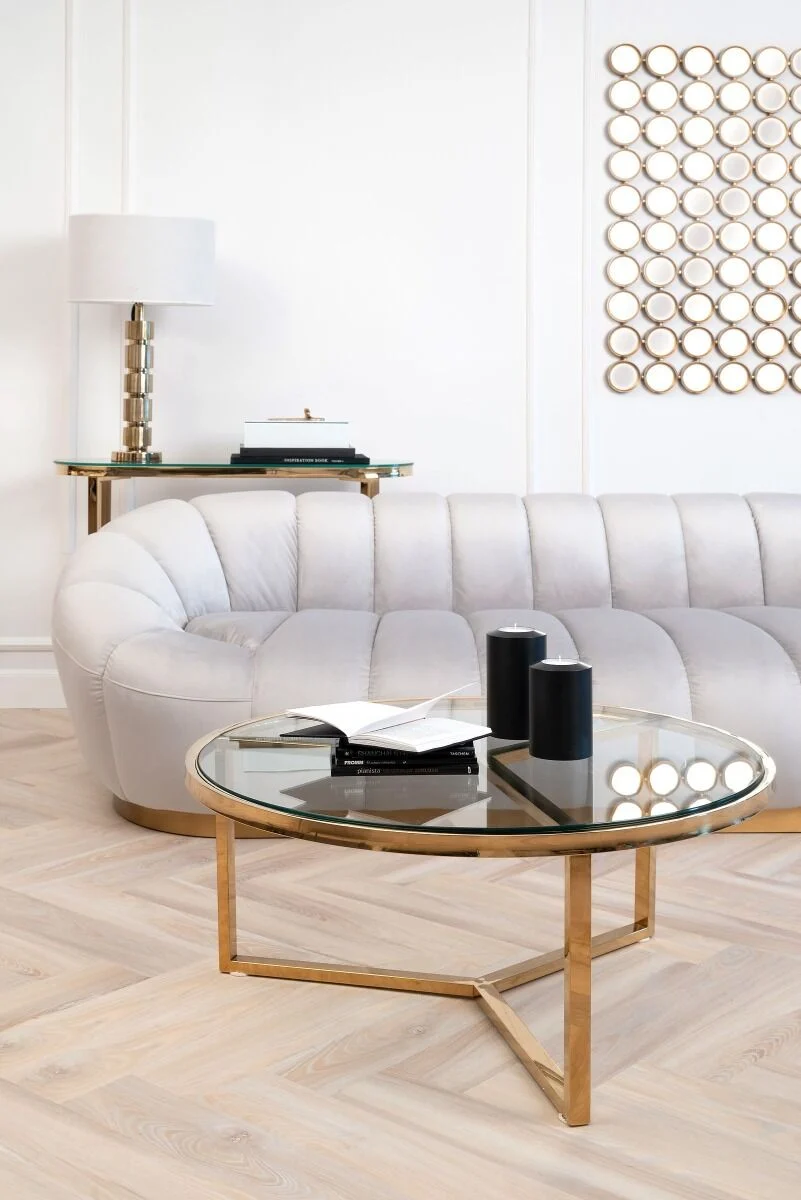 STOLIK KAWOWY na złotym stelażu, wysoki połysk, szklany transparentny blat, nowojorski glamour STOLIK KAWOWY na złotym stelażu, wysoki połysk, szklany transparentny blat, nowojorski glamour