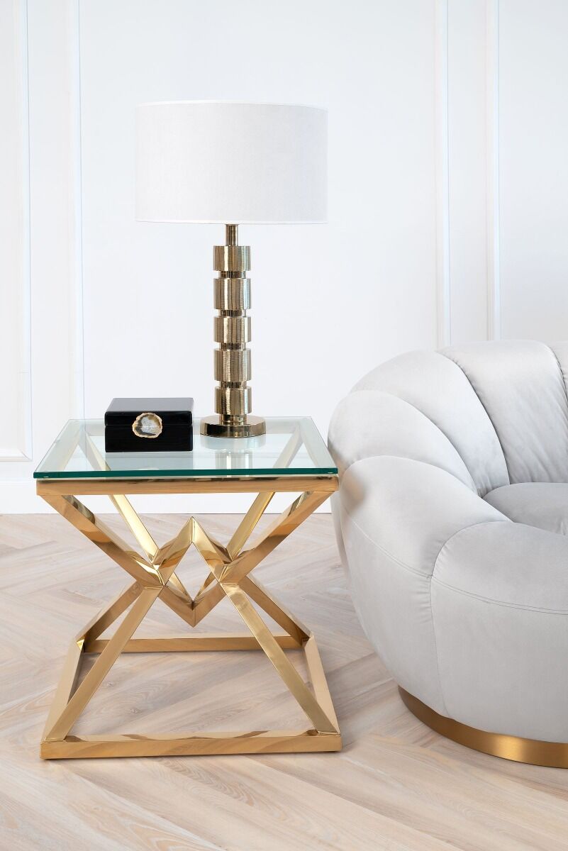 STOLIK POMOCNICZY złoty, metalowa podstawa, transparentny szklany blat, styl glamour, piękny STOLIK POMOCNICZY złoty, metalowa podstawa, transparentny szklany blat, styl glamour, piękny