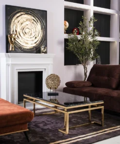 STOLIK KAWOWY prostokątny na złotym błyszczącym stelażu, czarny blat imitujący marmur, nowoczesny styl