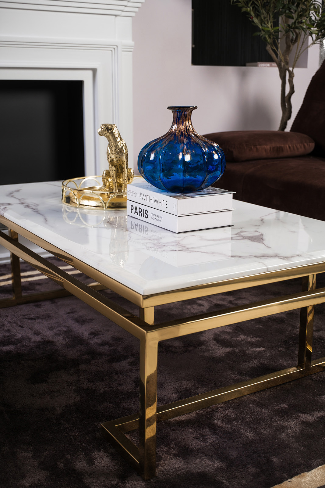 STOLIK KAWOWY CASTILLO prostokątny na złotym błyszczącym stelażu, biały blat imitujący marmur, nowoczesny styl, piękny STOLIK KAWOWY CASTILLO prostokątny na złotym błyszczącym stelażu, biały blat imitujący marmur, nowoczesny styl, piękny