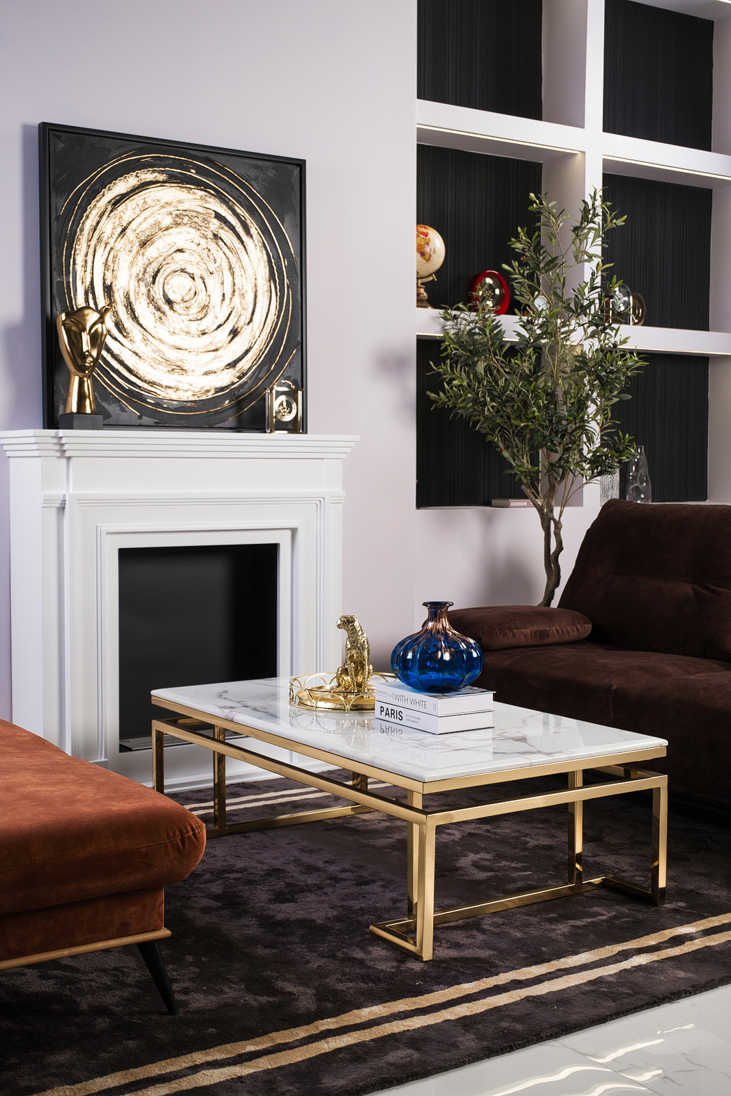 STOLIK KAWOWY CASTILLO prostokątny na złotym błyszczącym stelażu, biały blat imitujący marmur, nowoczesny styl STOLIK KAWOWY CASTILLO prostokątny na złotym błyszczącym stelażu, biały blat imitujący marmur, nowoczesny styl