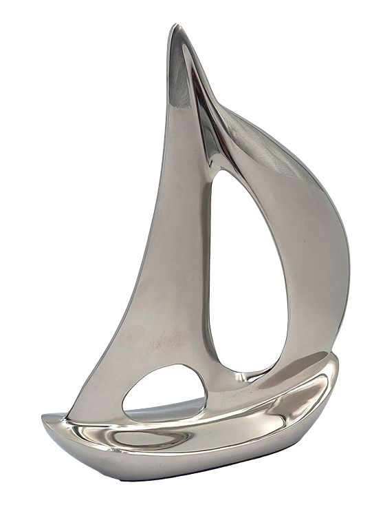 FIGURKA DEKORACYJNA duży, metalowy jacht w srebrnym wydaniu, marynistyczny styl, piękna