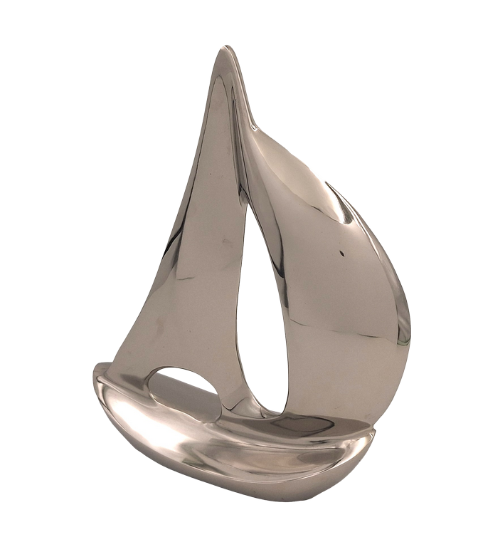 FIGURKA DEKORACYJNA duży, metalowy jacht w srebrnym wydaniu, marynistyczny styl