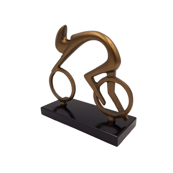 FIGURKA DEKORACYJNA mosiężny kolarz na drewnianej czarnej podstawie, idealna na prezent, piękna