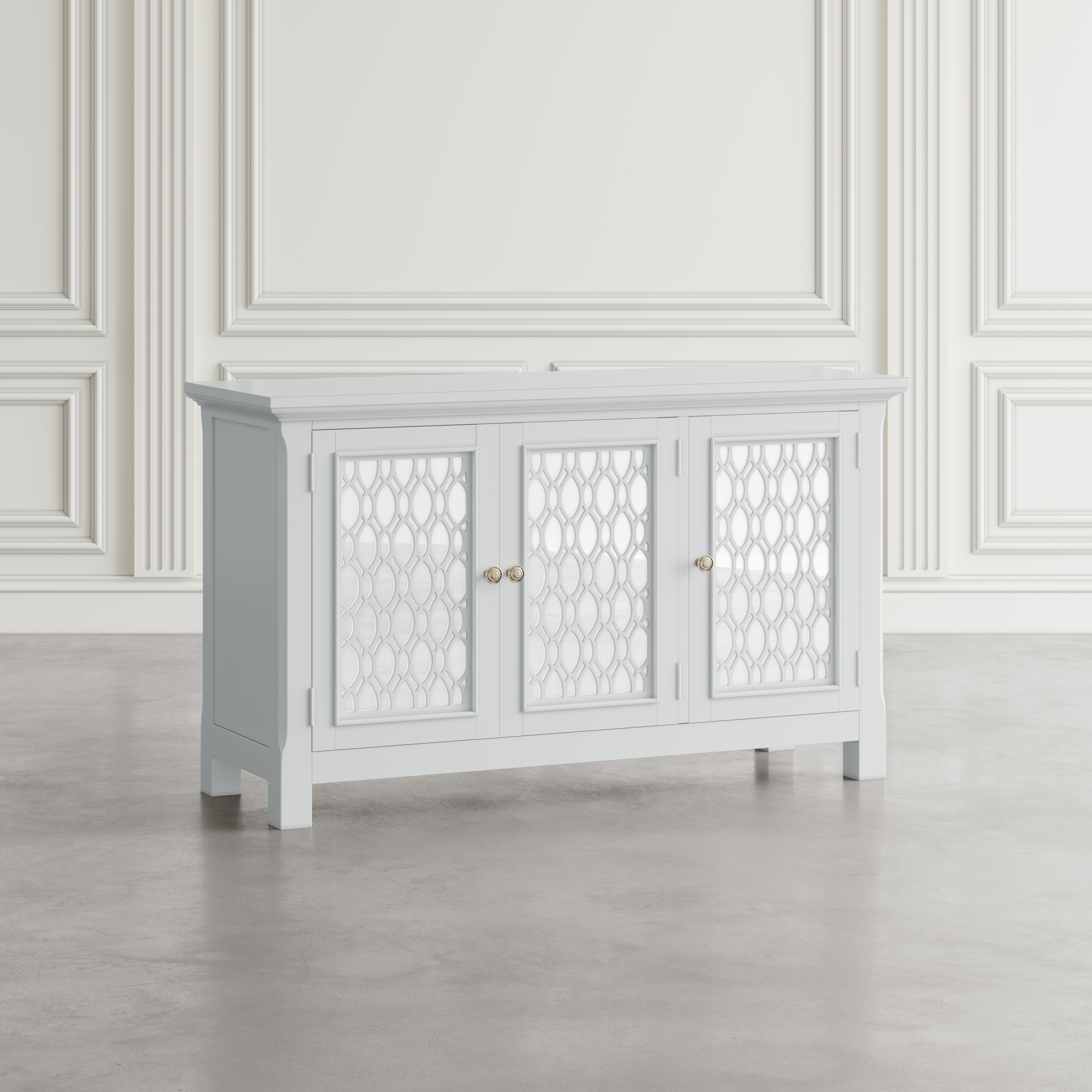 KOMODA biała z lustrzanymi drzwiami wykończonymi ozdobnymi szprosami, z drewna akacji, elegancka, nowoczesna