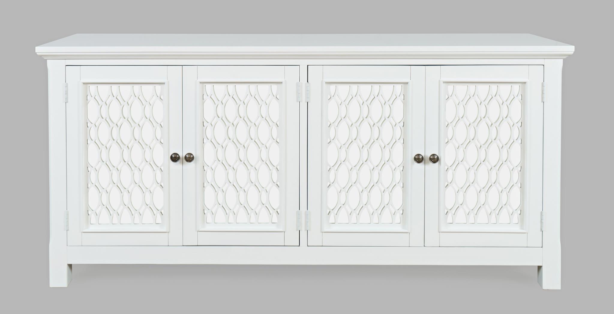 KOMODA biała z lustrzanymi drzwiami wykończonymi ozdobnymi szprosami, z drewna akacji, nietuzinkowy design, ażurowe akcenty KOMODA biała z lustrzanymi drzwiami wykończonymi ozdobnymi szprosami, z drewna akacji, nietuzinkowy design, ażurowe akcenty