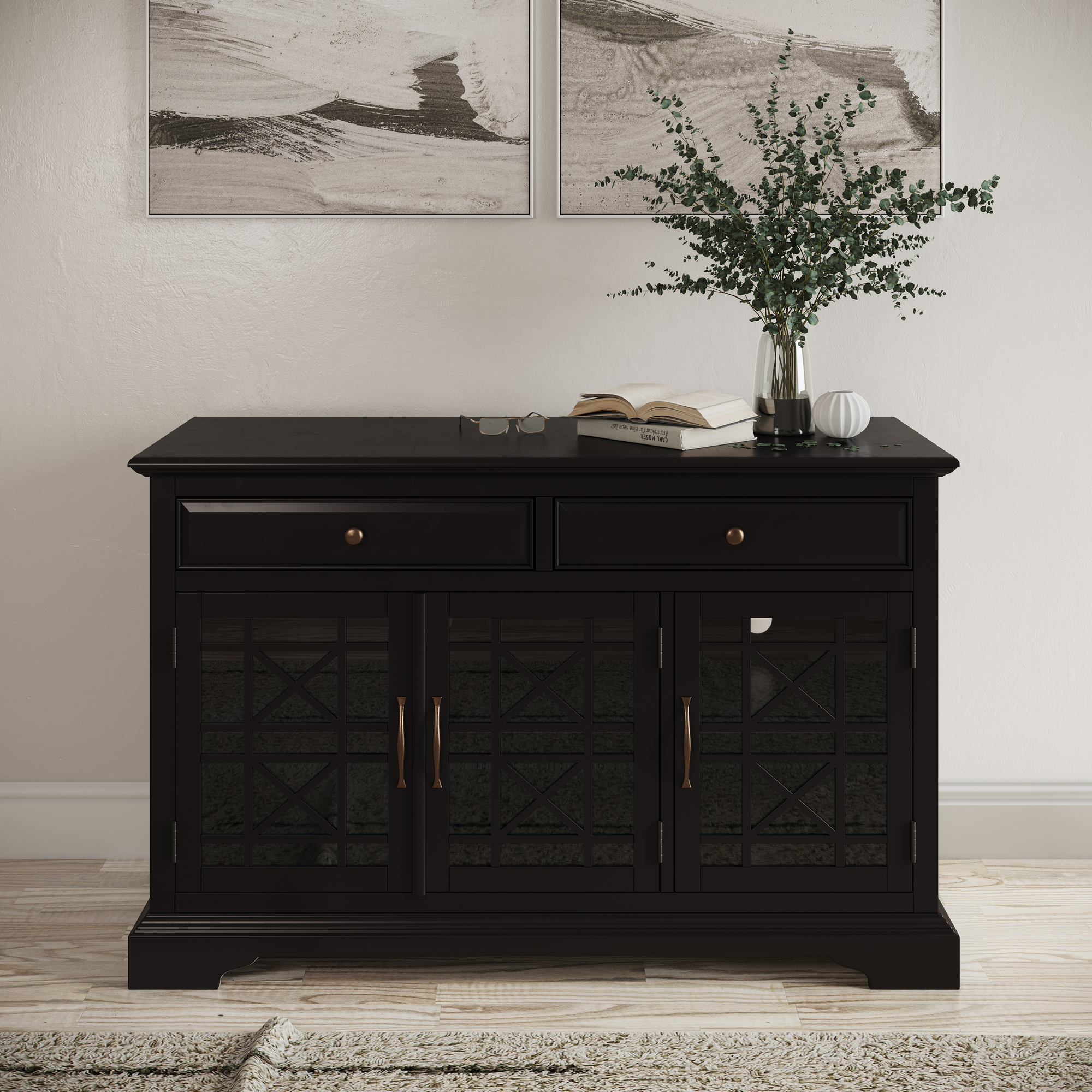 KOMODA czarna, 3-drzwiowa przeszklona z ażurowymi drzwiami, z szufladami i z uchwytami w odcieniu postarzanego złota, klasyczna KOMODA czarna, 3-drzwiowa przeszklona z ażurowymi drzwiami, z szufladami i z uchwytami w odcieniu postarzanego złota, klasyczna