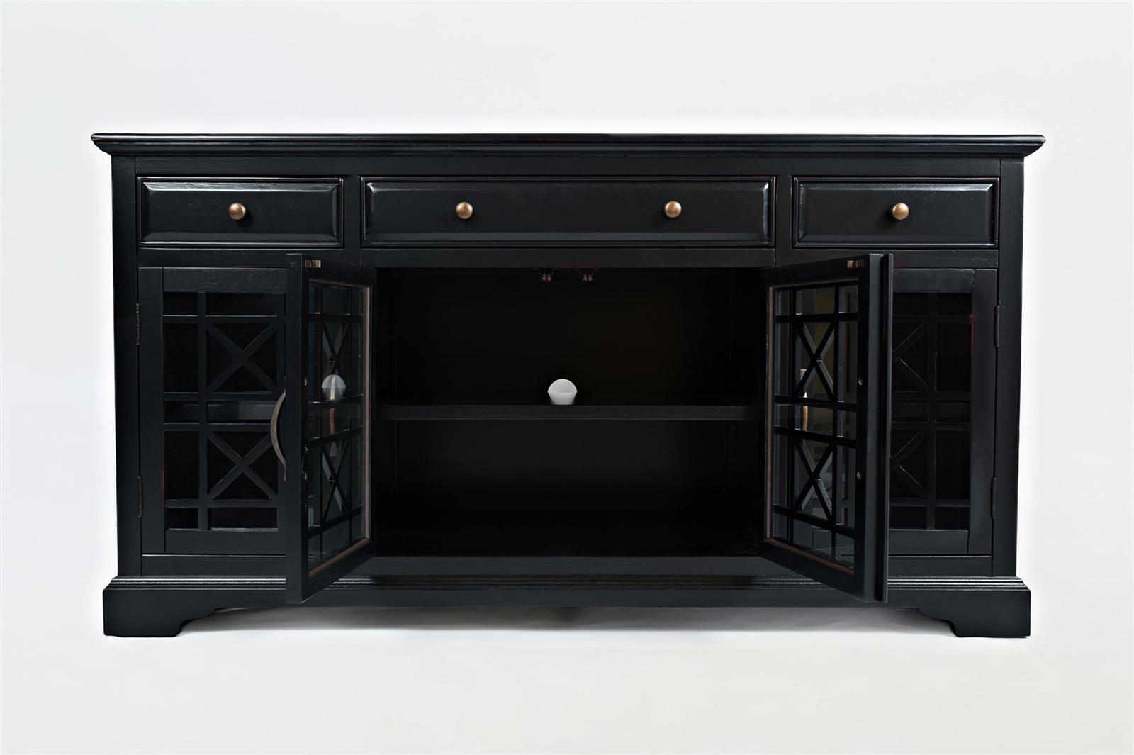 KOMODA czarna, 4-drzwiowa przeszklona z ażurowymi drzwiami, z szufladami i z uchwytami w odcieniu postarzanego złota, funkcjonalna KOMODA czarna, 4-drzwiowa przeszklona z ażurowymi drzwiami, z szufladami i z uchwytami w odcieniu postarzanego złota, funkcjonalna