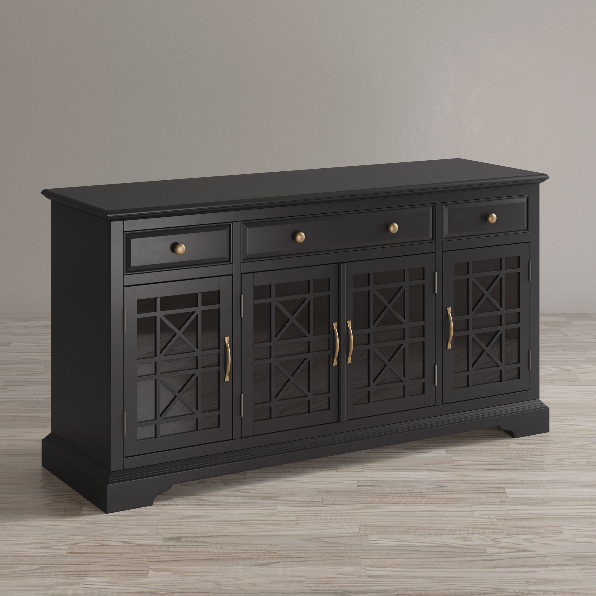 KOMODA czarna, 4-drzwiowa przeszklona z ażurowymi drzwiami, z szufladami i z uchwytami w odcieniu postarzanego złota, pasuje do wielu aranżacji KOMODA czarna, 4-drzwiowa przeszklona z ażurowymi drzwiami, z szufladami i z uchwytami w odcieniu postarzanego złota, pasuje do wielu aranżacji