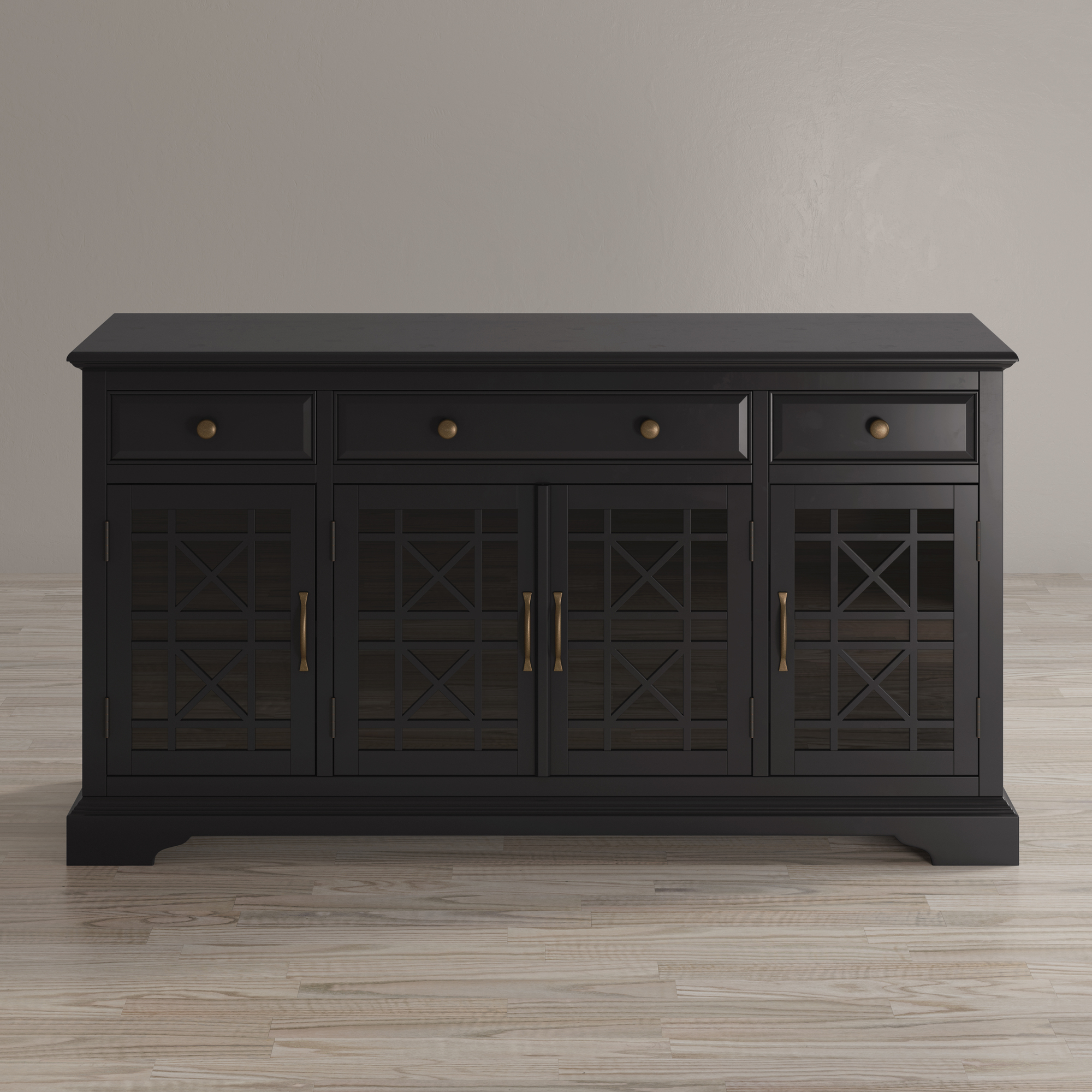 KOMODA czarna, 4-drzwiowa przeszklona z ażurowymi drzwiami, z szufladami i z uchwytami w odcieniu postarzanego złota, solidna KOMODA czarna, 4-drzwiowa przeszklona z ażurowymi drzwiami, z szufladami i z uchwytami w odcieniu postarzanego złota, solidna