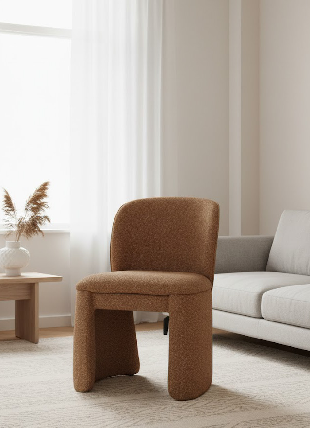 KRZESŁO tapicerowane, w stylu Mid-Century Modern, w całości pokryte materiałem, ceglasta pomarańcza z dodatkiem szarości, luksusowa tapicerka, ponadczasowy