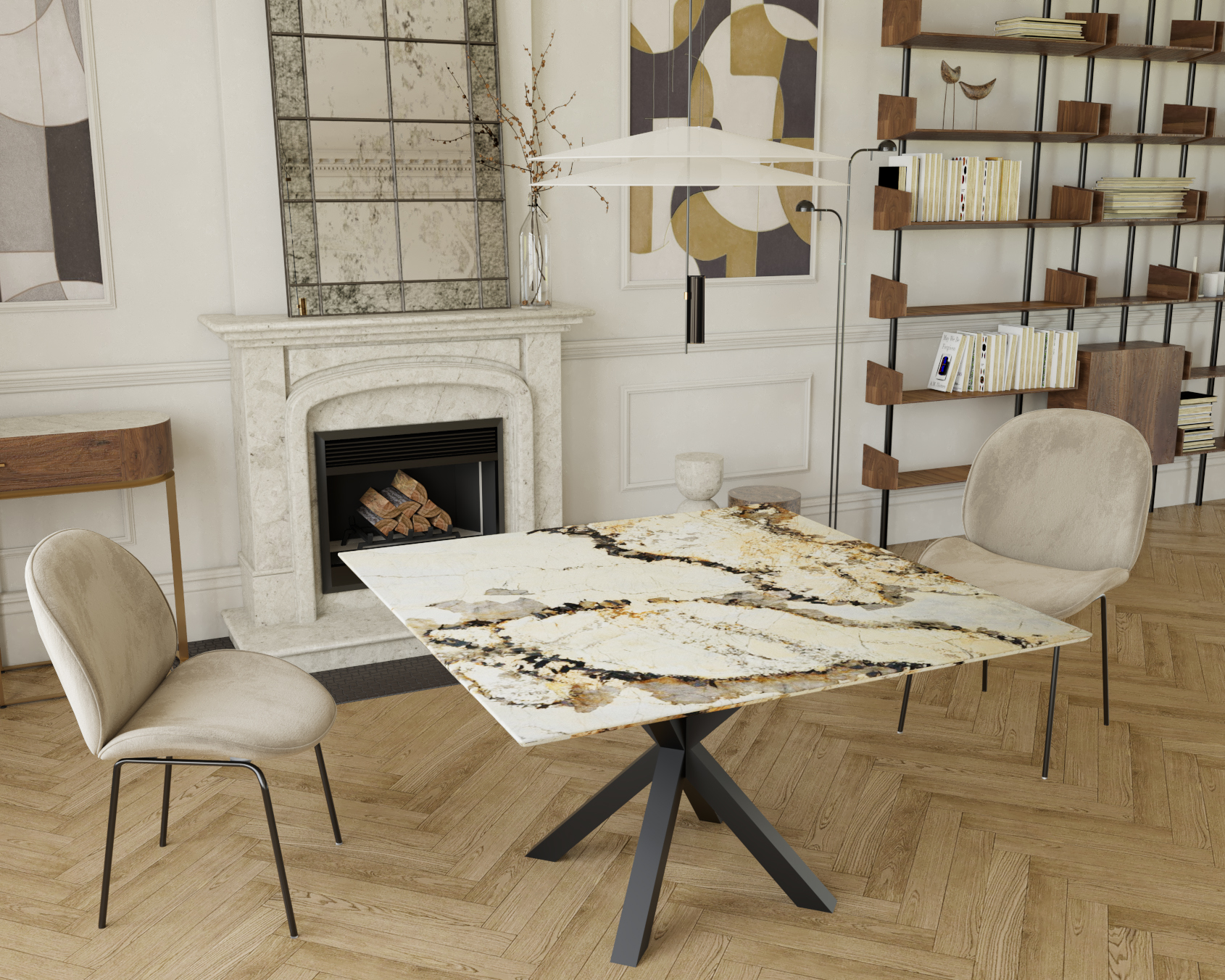 STÓŁ JADALNIANY Luca Natural z okrągłym lub kwadratowym blatem z kwarcytu i stalową podstawą, nowoczesny styl, ręczne wykonanie, do salonu STÓŁ JADALNIANY Luca Natural z okrągłym lub kwadratowym blatem z kwarcytu i stalową podstawą, nowoczesny styl, ręczne wykonanie, do salonu