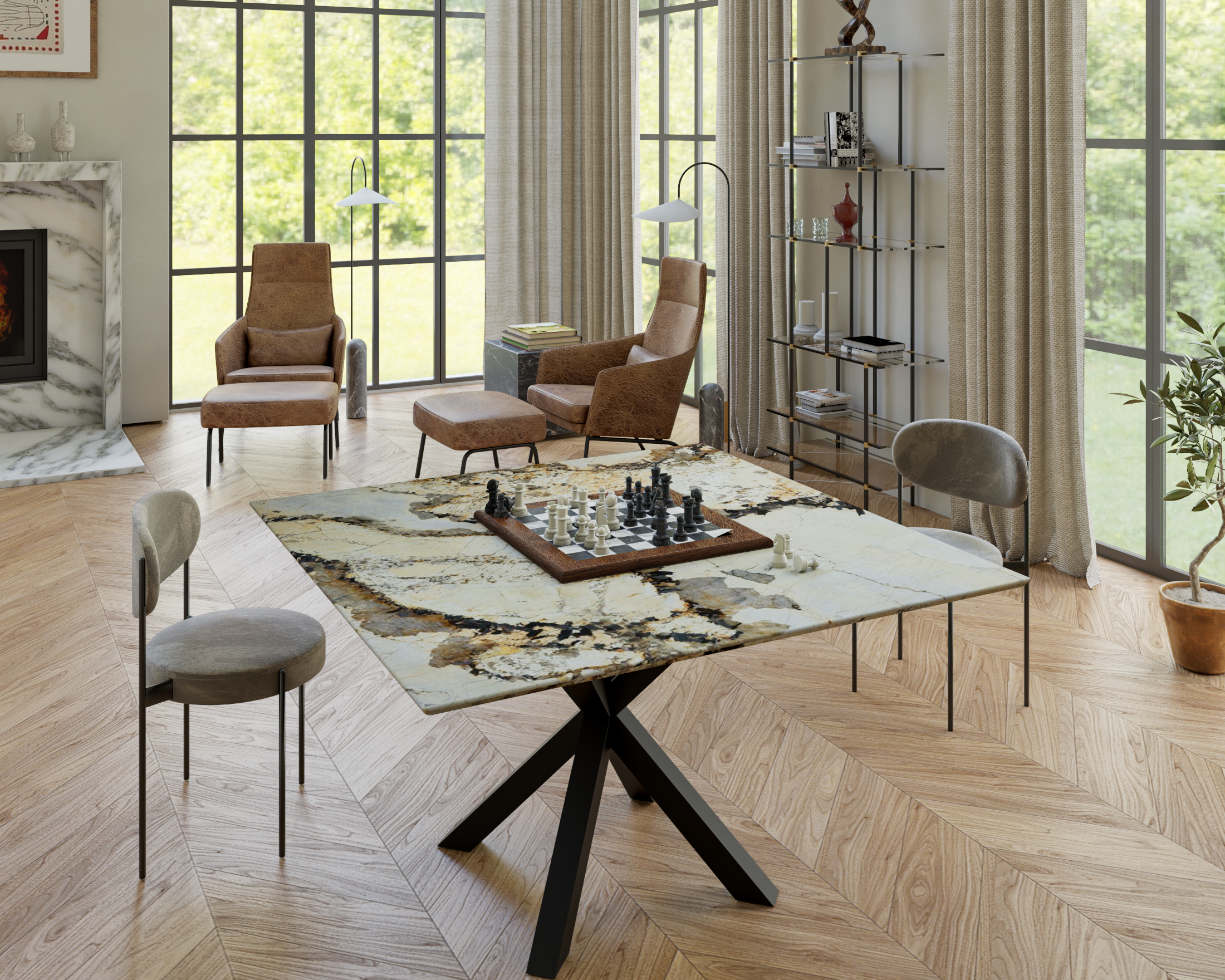 STÓŁ JADALNIANY Luca Natural z okrągłym lub kwadratowym blatem z kwarcytu i stalową podstawą, nowoczesny styl, ręczne wykonanie, piękny STÓŁ JADALNIANY Luca Natural z okrągłym lub kwadratowym blatem z kwarcytu i stalową podstawą, nowoczesny styl, ręczne wykonanie, piękny