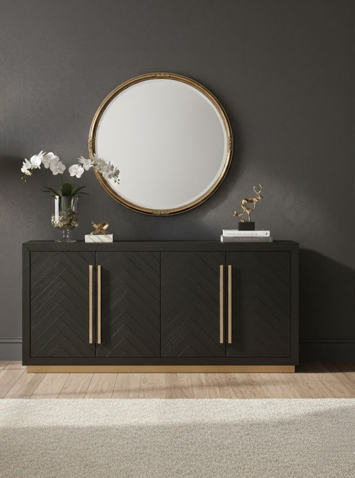KOMODA Seville z drewna bukowego, czarny korpus, złote półmatowe dodatki, nowoczesny styl