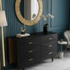 KOMODA w czarnym kolorze ze złotymi uchwytami i nóżkami, drewniana, ekskluzywna