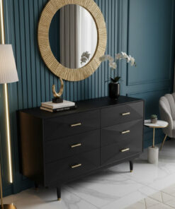 KOMODA w czarnym kolorze ze złotymi uchwytami i nóżkami, drewniana, ekskluzywna