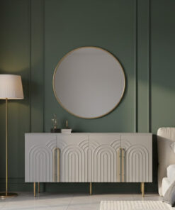 KOMODA w jasnoszarym kolorze, złote detale, fronty z wytłoczonym wzorem łuków, designerski, nowoczesny styl