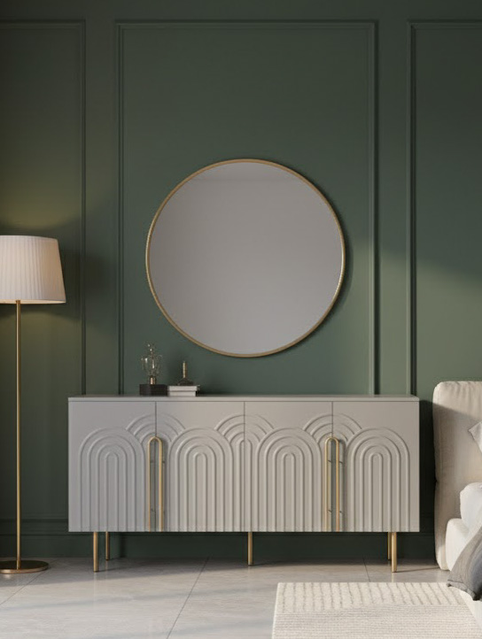 KOMODA w jasnoszarym kolorze, złote detale, fronty z wytłoczonym wzorem łuków, designerski, nowoczesny styl