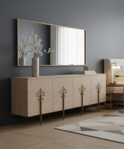 KOMODA w kolorze białego dębu, złote detale, zdobienia na froncie w kształcie liści, styl art deco