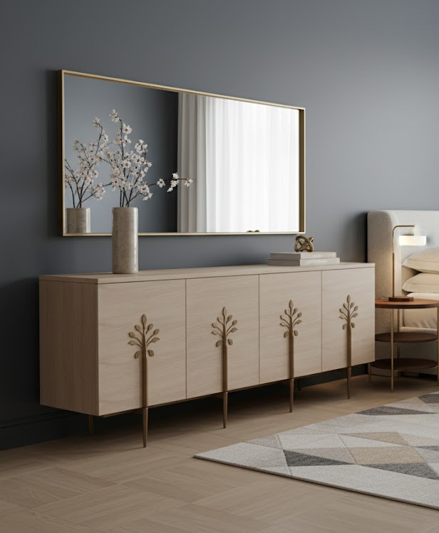 KOMODA w kolorze białego dębu, złote detale, zdobienia na froncie w kształcie liści, styl art deco KOMODA w kolorze białego dębu, złote detale, zdobienia na froncie w kształcie liści, styl art deco