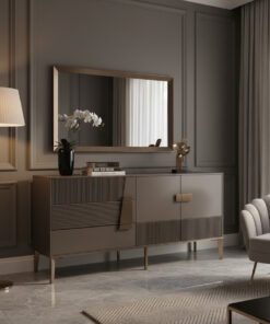 KOMODA w kolorze ciemnego grafitu ze złotymi akcentami, ryflowane fronty, nowoczesny styl
