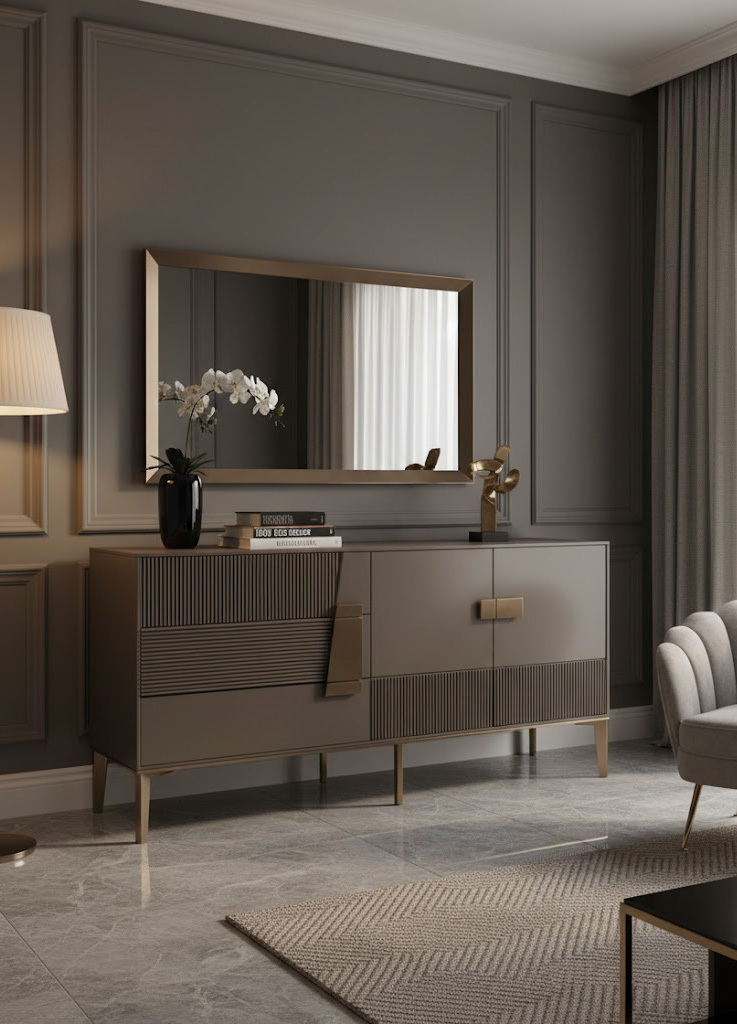 KOMODA w kolorze ciemnego grafitu ze złotymi akcentami, ryflowane fronty, nowoczesny styl KOMODA w kolorze ciemnego grafitu ze złotymi akcentami, ryflowane fronty, nowoczesny styl