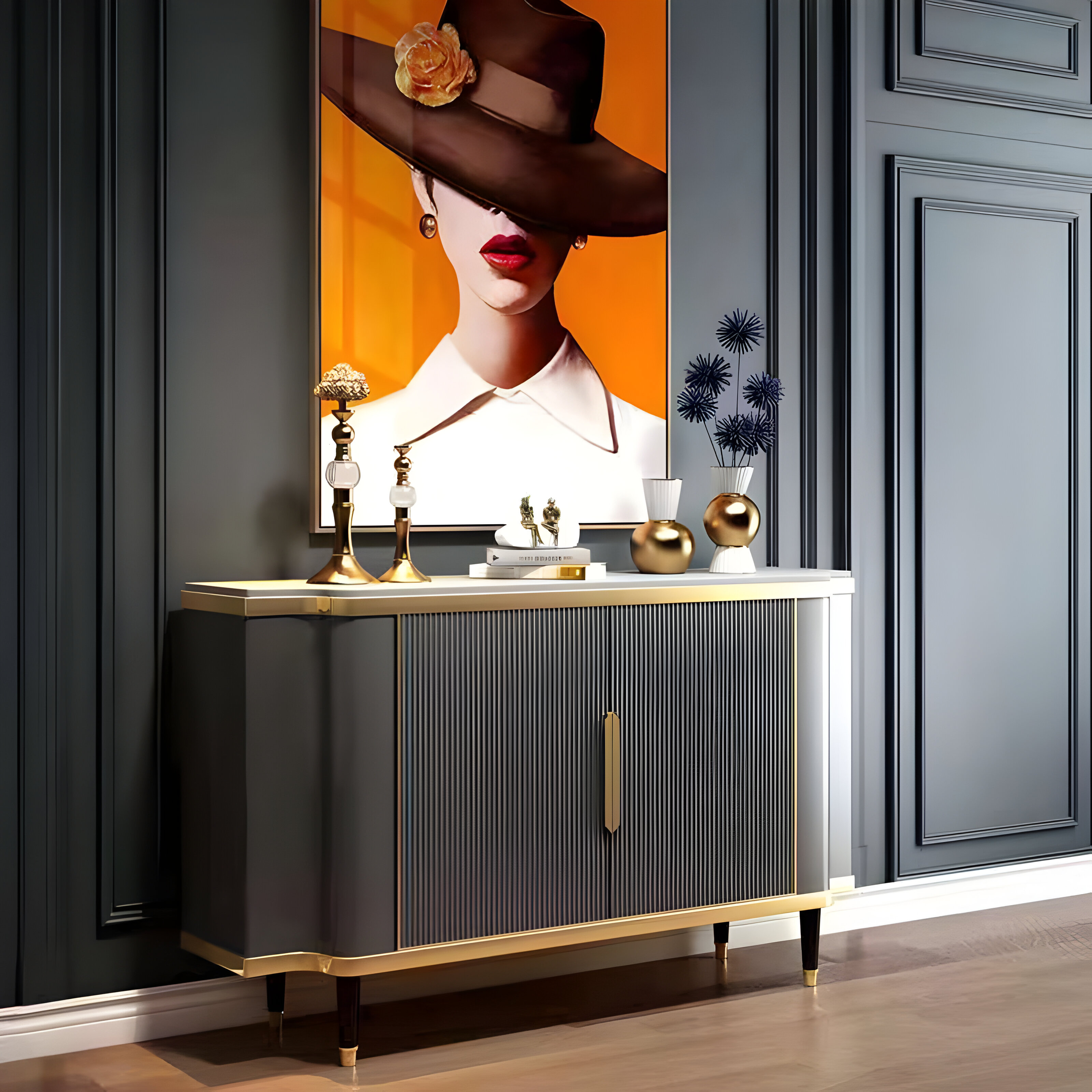 KOMODA w kolorze grafitowym, złote detale, biały marmurowy blat, ryflowany korpus, nowoczesny styl