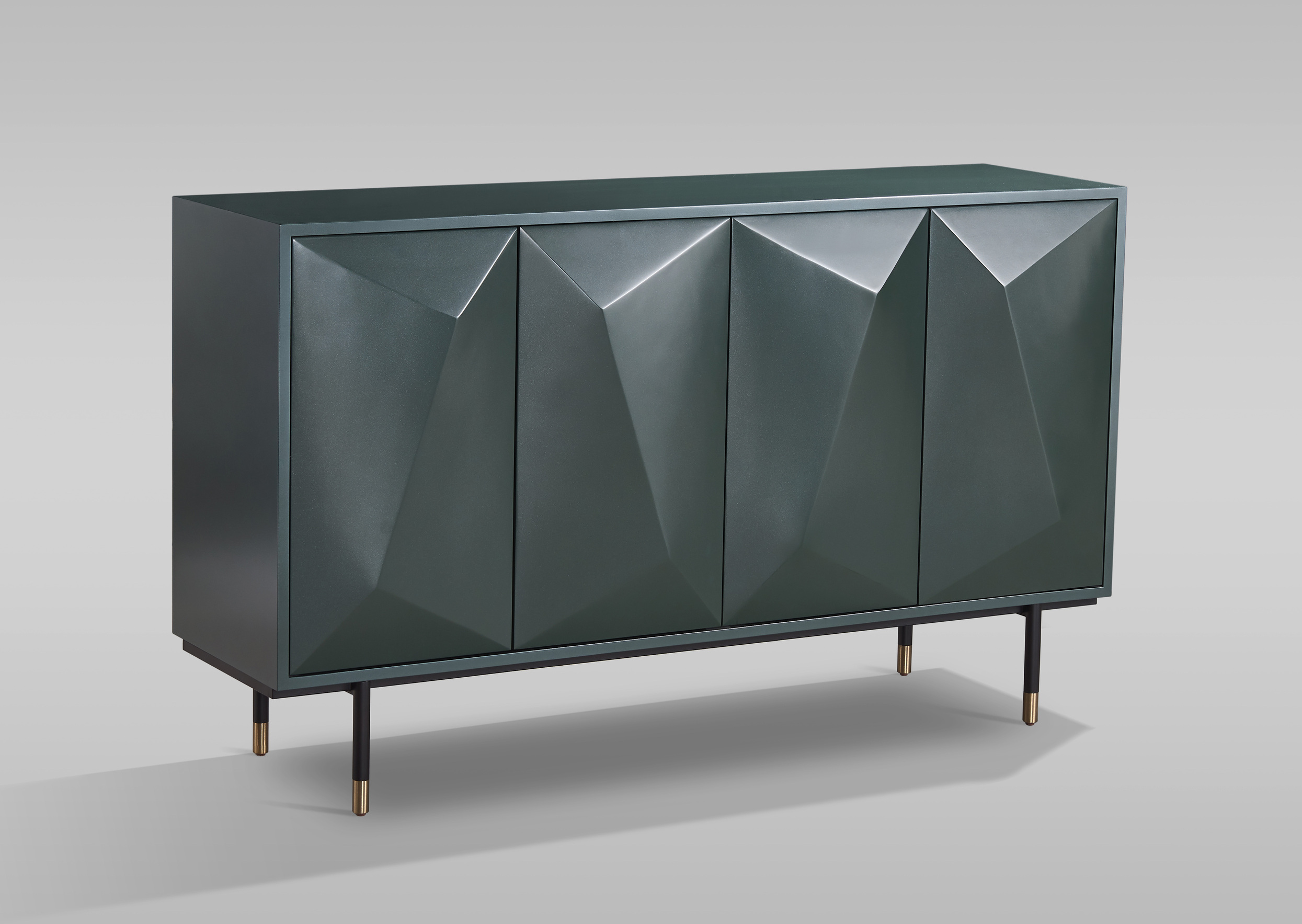KOMODA-w-kolorze-perlowej-zieleni-fronty-z-symetryczna-struktura-3D-metalowe-nogi-ze-zlotym-akcentem-designerski-styl
