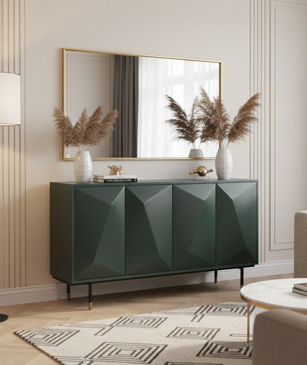 KOMODA w kolorze perłowej zieleni, fronty z symetryczną strukturą 3D, metalowe nogi ze złotym akcentem, designerski styl KOMODA w kolorze perłowej zieleni, fronty z symetryczną strukturą 3D, metalowe nogi ze złotym akcentem, designerski styl