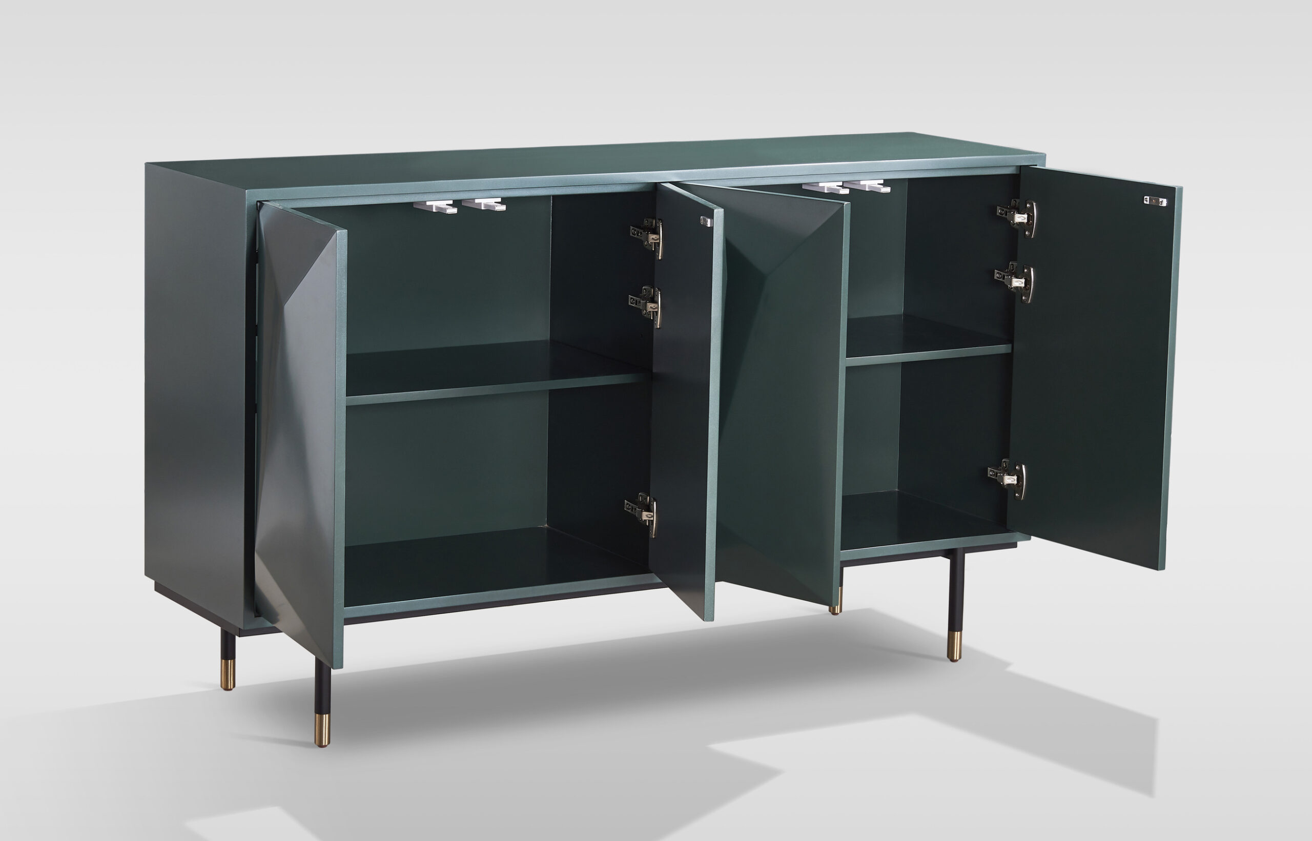 KOMODA w kolorze perłowej zieleni, fronty z symetryczną strukturą 3D, metalowe nogi ze złotym akcentem, designerski styl, piękna KOMODA w kolorze perłowej zieleni, fronty z symetryczną strukturą 3D, metalowe nogi ze złotym akcentem, designerski styl, piękna