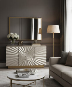 KOMODA w kolorze szampańskiego złota, fronty z geometrycznym, promienistym wzorem, nowoczesny styl
