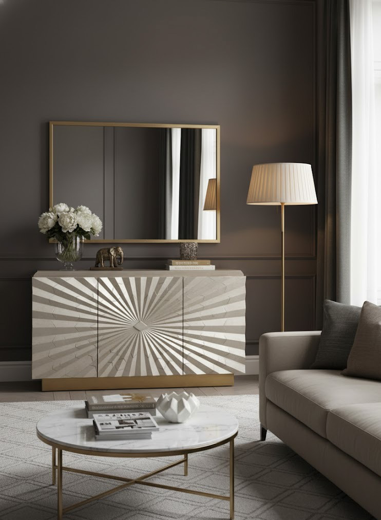 KOMODA w kolorze szampańskiego złota, fronty z geometrycznym, promienistym wzorem, nowoczesny styl KOMODA w kolorze szampańskiego złota, fronty z geometrycznym, promienistym wzorem, nowoczesny styl