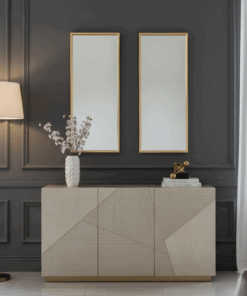 KOMODA w kolorze szampańskiego złota, fronty ze strukturą 3D i geometrycznym wzorem, nowoczesny styl