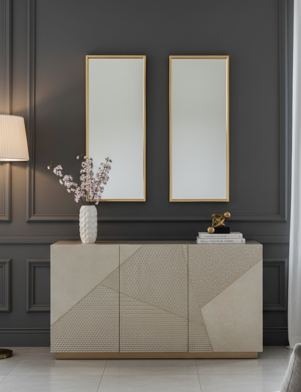 KOMODA w kolorze szampańskiego złota, fronty ze strukturą 3D i geometrycznym wzorem, nowoczesny styl