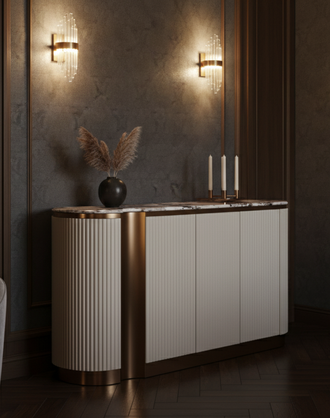 KOMODA z ryflowanym korpusem w jasnokremowym kolorze, złote detale, marmurowy blat, nowoczesny styl