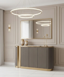 KOMODA z ryflowanym korpusem w kolorze grafitowym, złote detale, marmurowy blat, nowoczesny styl