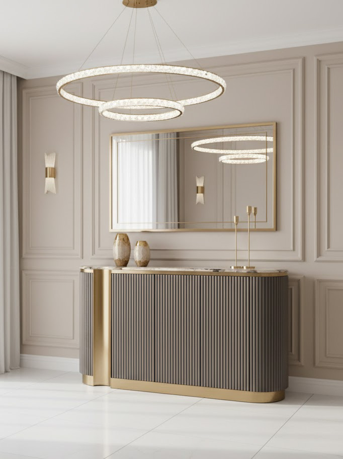 KOMODA z ryflowanym korpusem w kolorze grafitowym, złote detale, marmurowy blat, nowoczesny styl